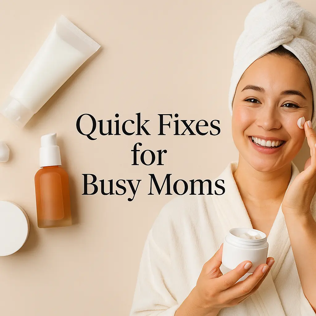 Flat lay of time-saving skincare and beauty products for busy moms, including face cream, serum, roller, and lip mask, arranged on a clean surface with minimalist tones—representing quick skincare solutions for women on the go.