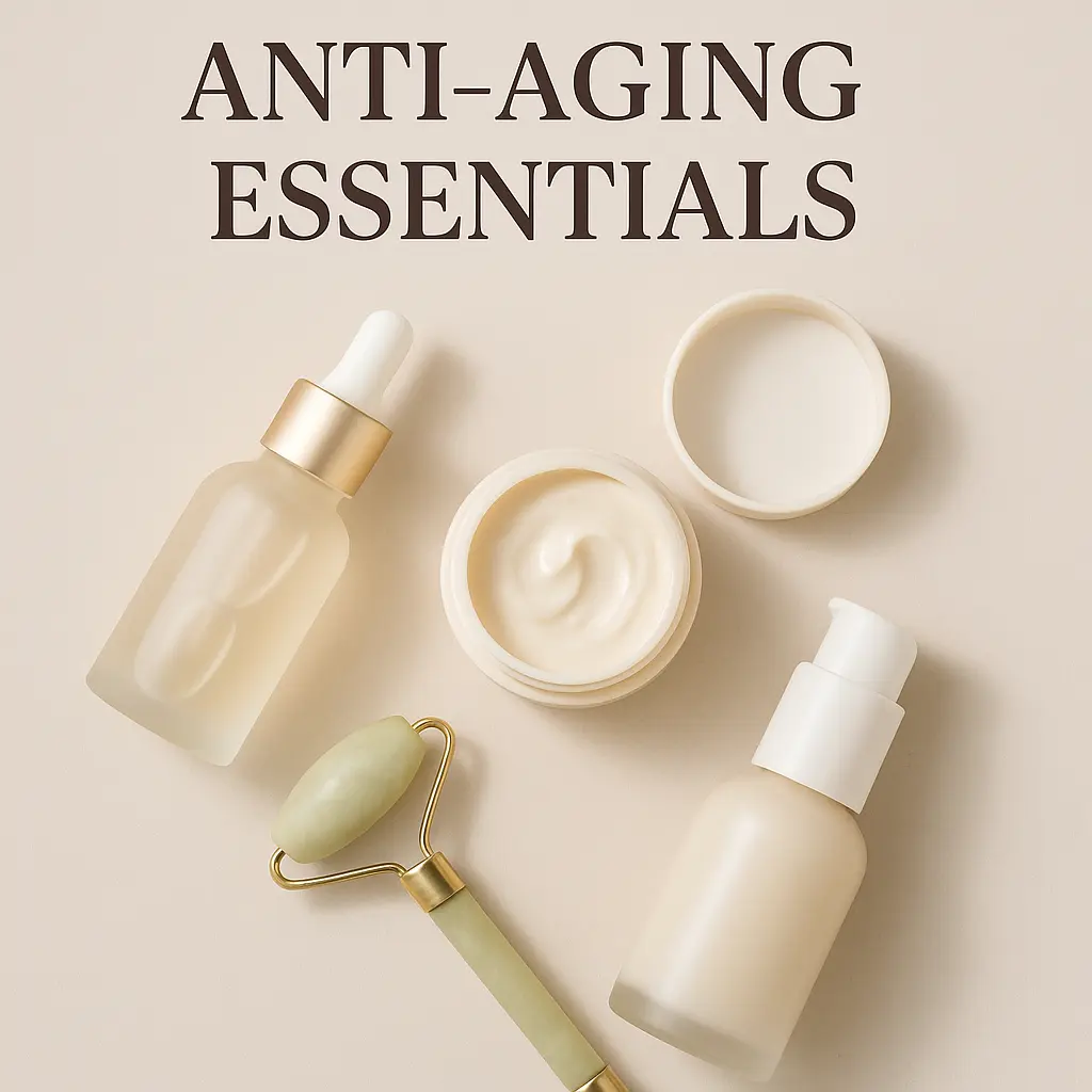 Flat lay of anti-aging skincare products including serum, moisturizer, pump bottle, and jade roller on a beige background, labeled 'Anti-Aging Essentials' — ideal for mature skin care routines.
