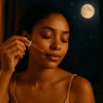 Woman applying nighttime skincare routine with hydrating serum in a calming bathroom setting – ideal image for overnight renewal and beauty sleep content.